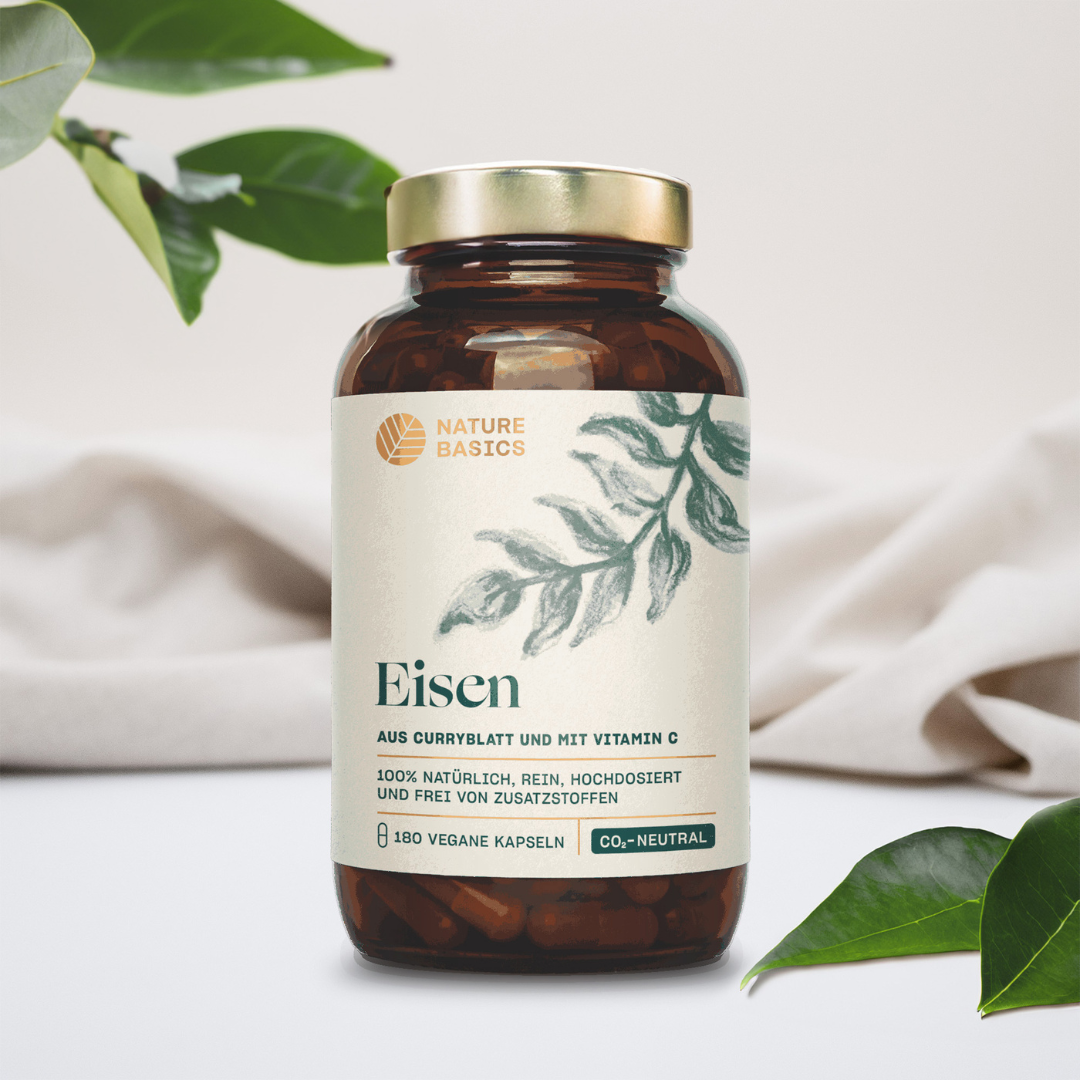 Natürliche Eisen Kapseln mit Vitamin C aus Curryblatt- & Hagebutten Extrakt