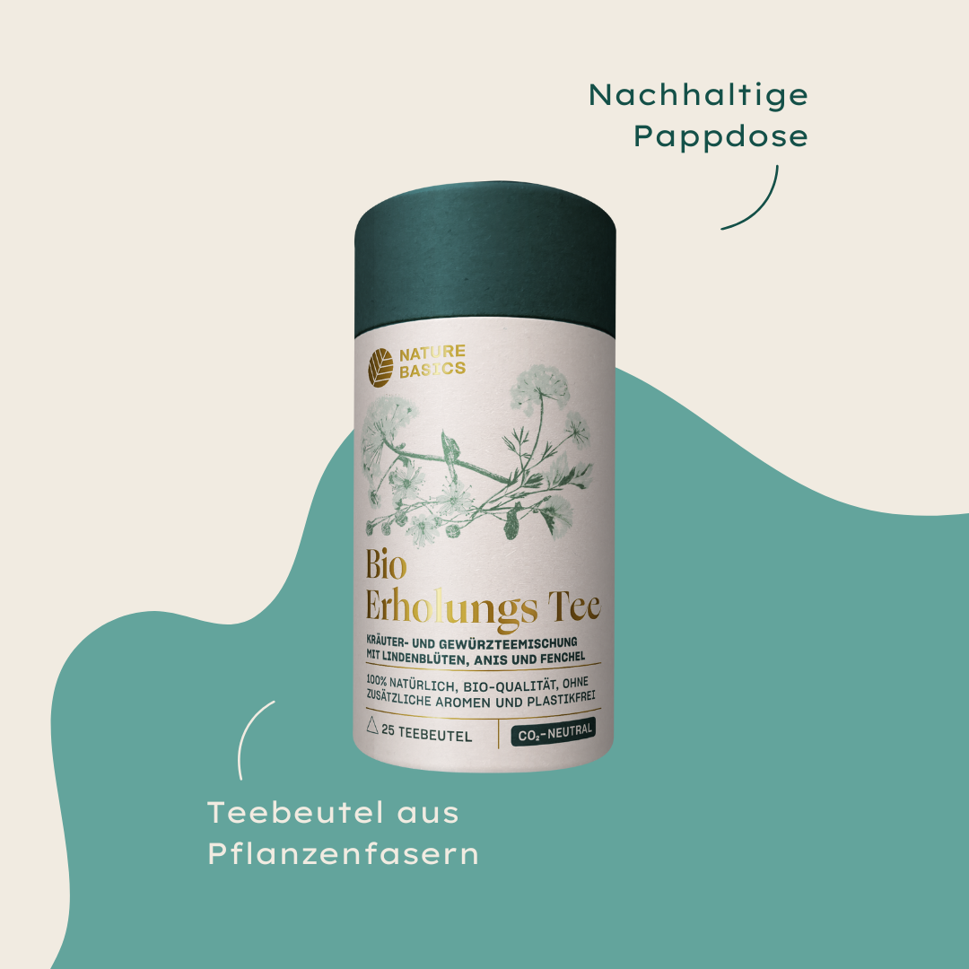 erholungs & wellness tee in beuteln aus pflanzenfasern und im graskarton