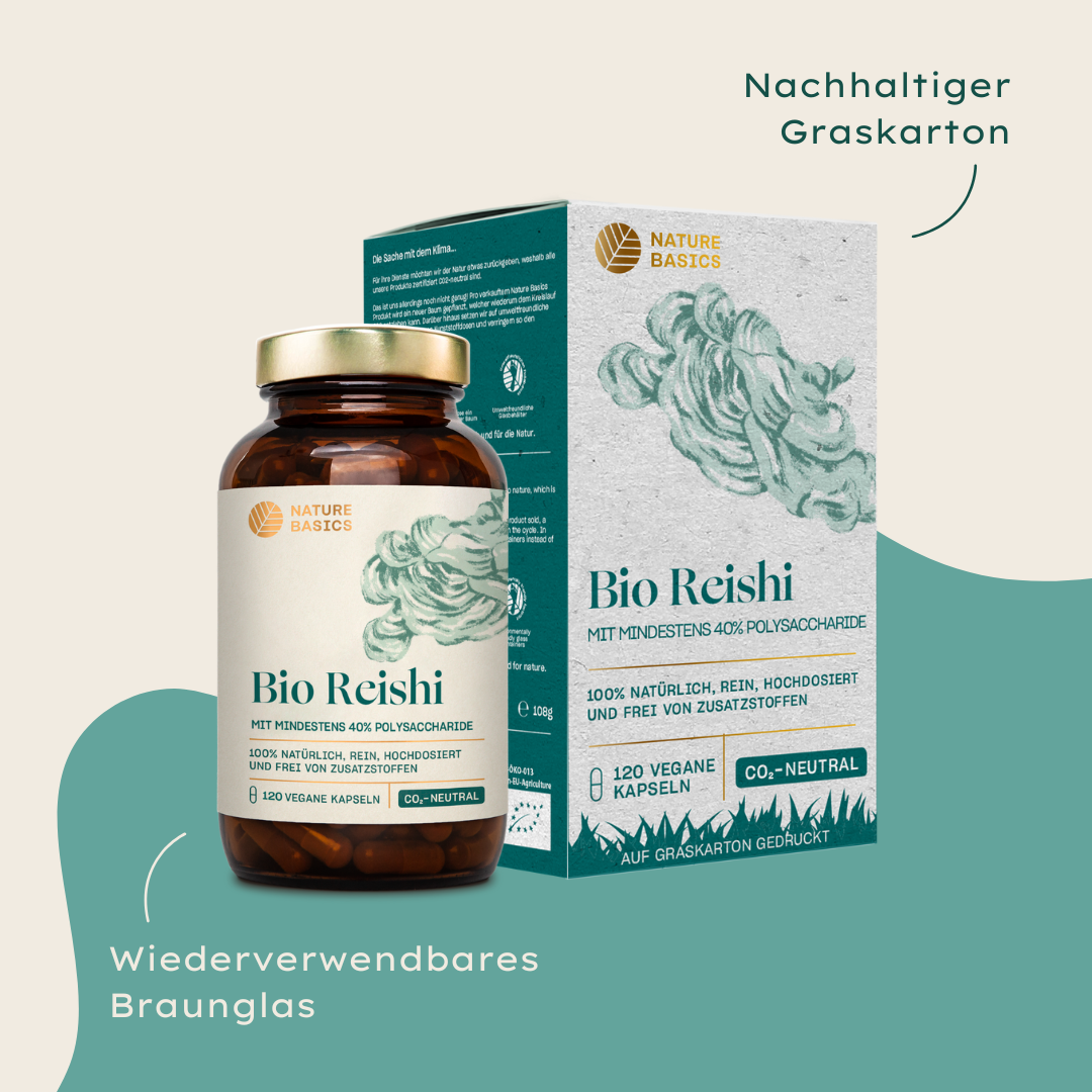 bio reishi kapseln im braunglas und graskarton