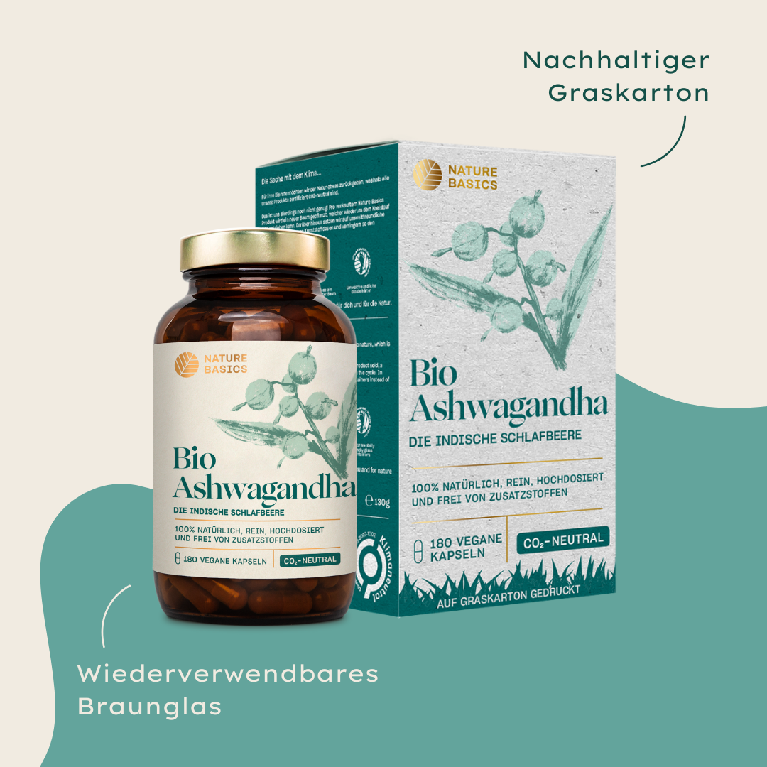 bio ashwagandha kapseln im braunglas und graskarton