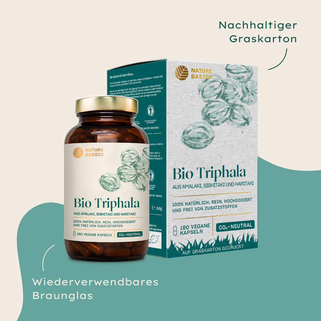 bio triphala kapseln im braunglas und graskarton