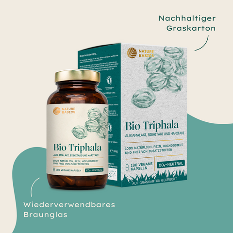 bio triphala kapseln im braunglas und graskarton